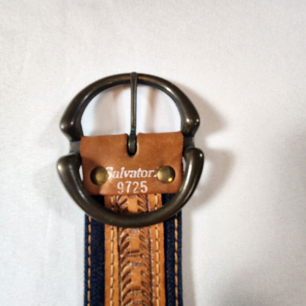 VTG Salvatori Mens Belt 9725 Leather & Denim Size 34 Measures 38" Blue Jeans 70s